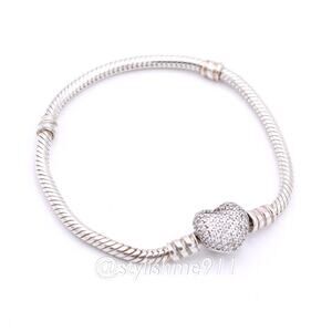 Authentic PANDORA Sterling Silver Pave’ Barrel Clasp Charm Bracelet